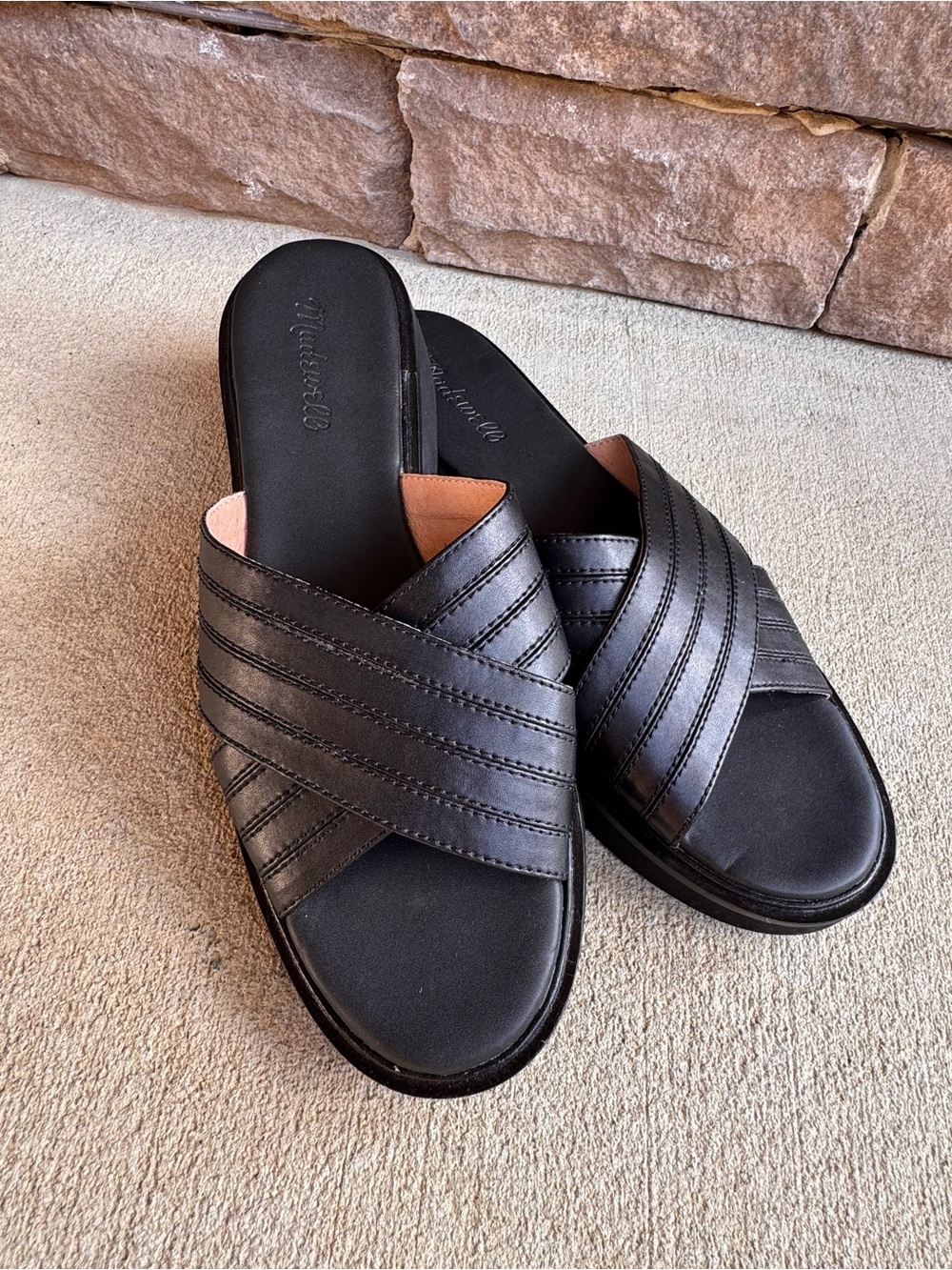 Madewell The Alina Black Leather Criss Cross Platform Slip-on Sandal Size 10.5